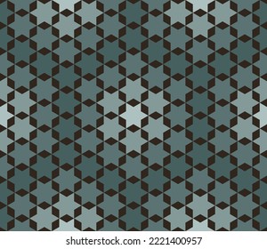 Teal green gradient six-pointed star. Overlapping brown hexagon shapes. Seamless abstract background pattern. Texture design for vector illustration.