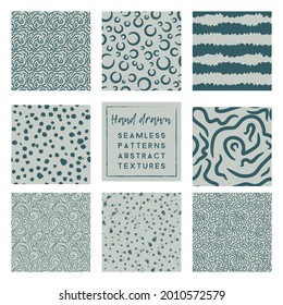 conjunto de patrones sin fisuras de escritura abstracta de color verde y gris dibujado a mano 