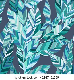 Teal green leaves vector tropical exotic foliage seamless pattern. Many green leaves with striped texture background. Palm or eucalyptus foliage natural illustration.