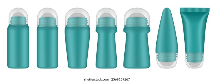 Teal green roller ball bottles with transparent caps. Body antiperspirant deodorant roll-on. Realistic vector mockup. Roller Applicator	