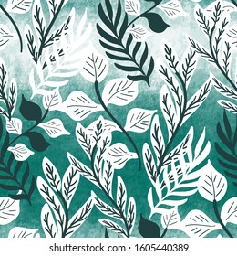 Teal green textured tropical leaves seamless pattern. Ombre gradient texture background. Trendy repeat vector swatch.