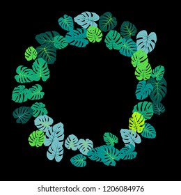 Teal green tropical jungle leaves vector scatter. Philodendron or monstera plant summer background. Exotic jungle plants tropical foliage pattern. Greenery design with monstera leaves on black.