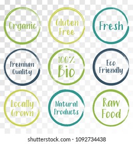 Teal green vector organic labels, bio emblems collection for menu or natural products packaging. Fresh, vegan, raw food, eco friendly, premium quality, locally grown, healthy food stickers.