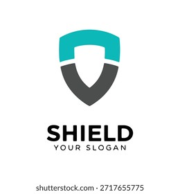 Logotipo de escudo minimalista verde azulado y gris