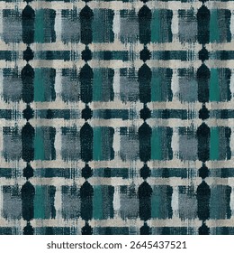 Padrão xadrez azul e cinza, com linhas pretas no estilo de aquarelas macias, padrão ikat de linhas grunge, padrão sem emenda ikat, fundo de ilustração de vetor para imprimir o papel.