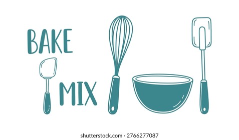Teal hand-drawn baking tools illustration including a whisk, bowl, and spatulas with Bake Mix text, isolated on a white background. Perfect for bakery logos and cooking blogs.