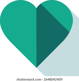 A teal heart shape with a long shadow is isolated on white background