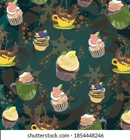 Teal holiday illustration background with cup of coffee and muffins