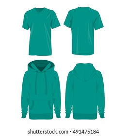 Teal hoodie and t-shirt isolated vector set