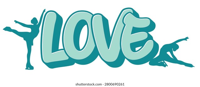 Teal horizontal LOVE ice skating art with two graceful female skater silhouettes. A fluid elegant design for apparel, sublimation prints and figure skating themed merchandise