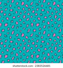 Teal - hot pink leopard print. Cheetah skin abstract seamless pattern. Repeating tile background for clothing, textile, fabric, digital paper, wrapping, wallpaper, backdrop. Wild safari fashion motif