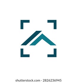 Teal house roof inside four focus corners, suitable for property search, real estate photography, home inspection, housing apps, and realtor branding.