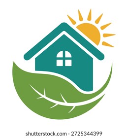 A teal house with a window sits behind a large green leaf, with a yellow sun rising behind the roof.