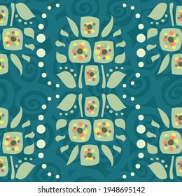 Teal and khaki modern, minimal simple floral vector repeat pattern with decorative bright dots on a textured swirly background