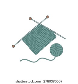 Teal knitted fabric square with two knitting needles and a ball of yarn