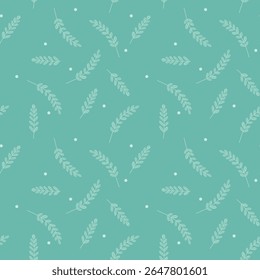 Teal Leaf Sprigs Seamless Presentation Slides. Elegant leafy twigs and soft dots scattered calm tosca backdrop background. Fresh and airy pattern mint toned leaves.