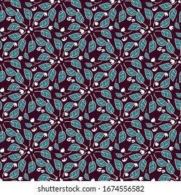Teal leaves circles and little white flowers seamless vector pattern on dark maroon background. Decorative surface print design. Great for fabrics, stationery and packaging.