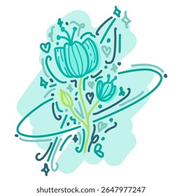Teal and light green flower with swirling patterns, hearts, and leaves on a light blue background.