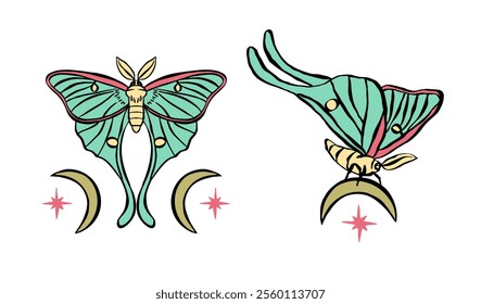 Teal luna moth with moons hand drawn illustrations set isolated on white background. Celestial butterfly design