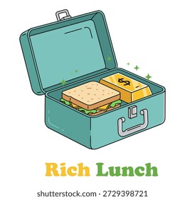 Teal lunch box with bread sandwich and valuable gold brick. Financial wealth and luxury food storage illustration.