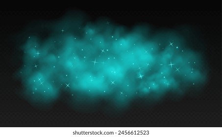 Teal magic smoke with stars and sparkles, fog with glowing particles, colorful vapor with star dust. Fantasy haze overlay. Vector illustration.