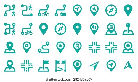 Teal Map and Navigation Icon Set Featuring Location Pins, GPS Pointers, Route Paths for Walking, Cycling, and Driving, Compass Symbols, Destination Markers, and Intersection Graphics.