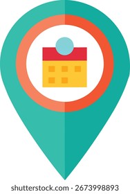 Un icono de pin de mapa verde azulado contiene un calendario estilizado, sugiriendo un evento o fecha programada asociada con una ubicación específica en un mapa.