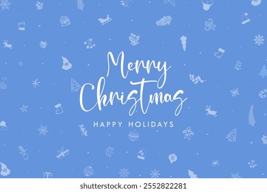 Teal Frohe Weihnachten und Frohe Feiertage Grußkartenbanner. Teal Blue Farben mit niedlichen Weihnachtsmusterillustrationen in hellblau. Kleine handgezeichnete Weihnachtssymbole im Hintergrund. Vektorgrafiken.