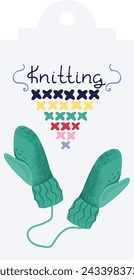 Teal mittens knitting illustration tag colorful crossstitch. Handmade winter accessories concept. Craft DIY hobby vector illustration