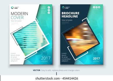 Teal modern Brochure design. Corporate business template for report, catalog, magazine. Layout with modern square photo and abstract triangle background. Creative poster, flyer or banner concept