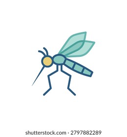 Teal mosquito profile icon with long proboscis.