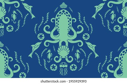 Teal nautical damask seamless repeat pattern on navy featuring ocean creatures:  octopus, dolphins, sand dollars, seaweed, sea horse, and jelly fish.