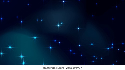 Fundo azul-marinho e azul-marinho apresenta uma cena celeste com vários tamanhos de luzes brilhantes, semelhantes a estrelas, emanando um brilho suave contra texturas turvas e turvas que evocam uma atmosfera de sonho