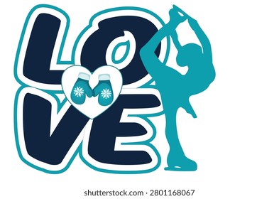 Teal and navy LOVE ice skating art with artistic skater silhouette and heart detail. A graceful and passionate design perfect for apparel, sublimation prints and skating merchandise. 