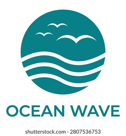 Teal ocean wave logo with seagulls on white background icon