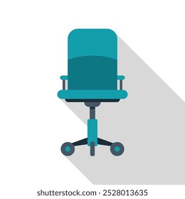 Teal office chair with armrests and wheels standing on white background, simple vector illustration