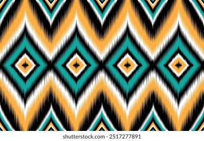 Patrón ikat verde azulado y naranja. Diseño geométrico sin costuras de Chevron. Motivo tribal étnico. Vibrante estampado textil bohemio. Fondo de pantalla abstracto. Tela de moda moderna. Ikat repite textura.