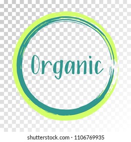 Teal organic products icon in frame, food package label vector design. Organic food logo, no chemicals sign, round stamp isolated clip art, circle tag organic farming label, sticker vector emblem.