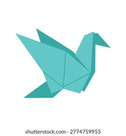 A teal origami bird on a white background, folded paper sculpture, minimalist design element.