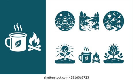 Teal Outdoor and Wellness Icon Set: meditation, landscapes, plant growth, and camping coffee imagery. Flat vector illustration EPS 10.