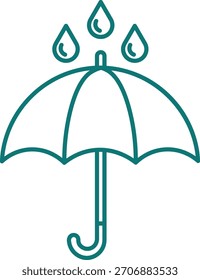 Teal outline umbrella protecting from falling water drops rain protection