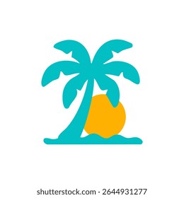 Teal palm tree with orange sun, simple flat design