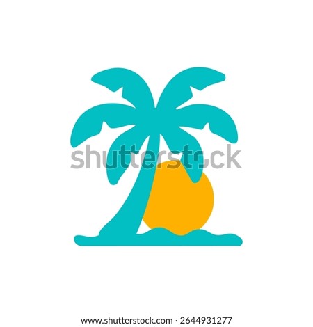 Teal palm tree with orange sun, simple flat design