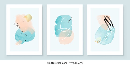 Teal and Peach Abstract Watercolor Compositions. Set of soft color painting wall art for house decoration or invitations. Minimalistic background design. Vector wall art plants in minimalist style.