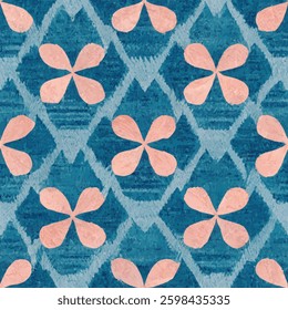 Teal and peach pink, small flowers patterned grunge lines ikat pattern, striped seamless pattern, Vector illustration background for print the paper.