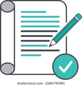 Teal pencil writing on scroll with checkmark icon document