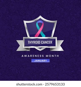 A teal and pink ribbon, the symbol of International thyroid Cancer Awareness Month, displayed on a silver shield with a dark background.