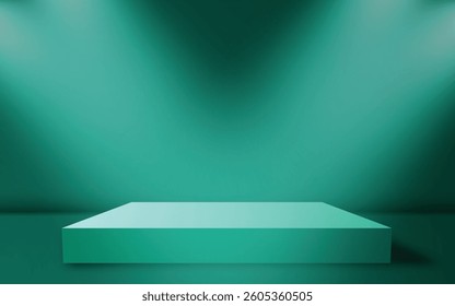 Teal podium vector with a 3D square design on a teal background. Realistic podium, perfect for product displays, presentation stages, or modern vector designs with a sleek teal cube.