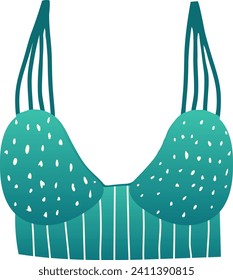 Teal polka dot bikini top with striped pattern. Summer swimwear fashion design. Beach clothing and women's fashion vector illustration.