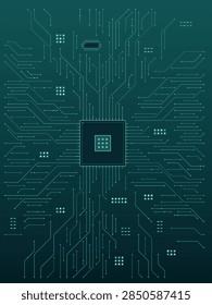 Teal processor hub technology background. Editable vector illustration with angular signal traces, electronic components, and fine connection nodes.